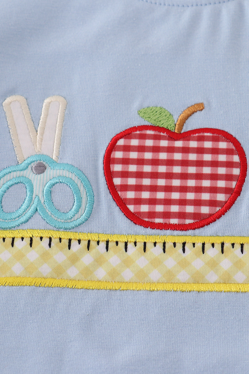 BLUE APPLE PENCIL APPLIQUÉ SHORTS SET