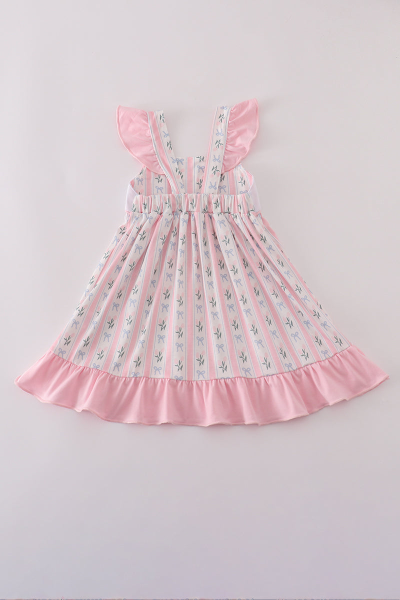 PINK BOW EMBROIDERY RUFFLE DRESS