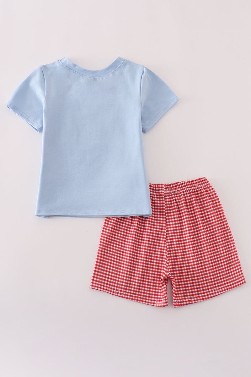 BLUE APPLE PENCIL APPLIQUÉ SHORTS SET