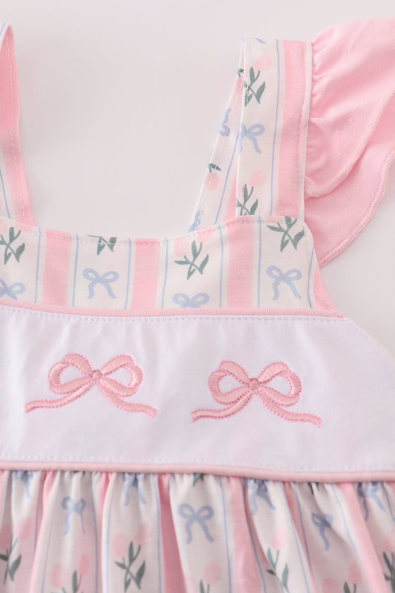 PINK BOW EMBROIDERY RUFFLE DRESS