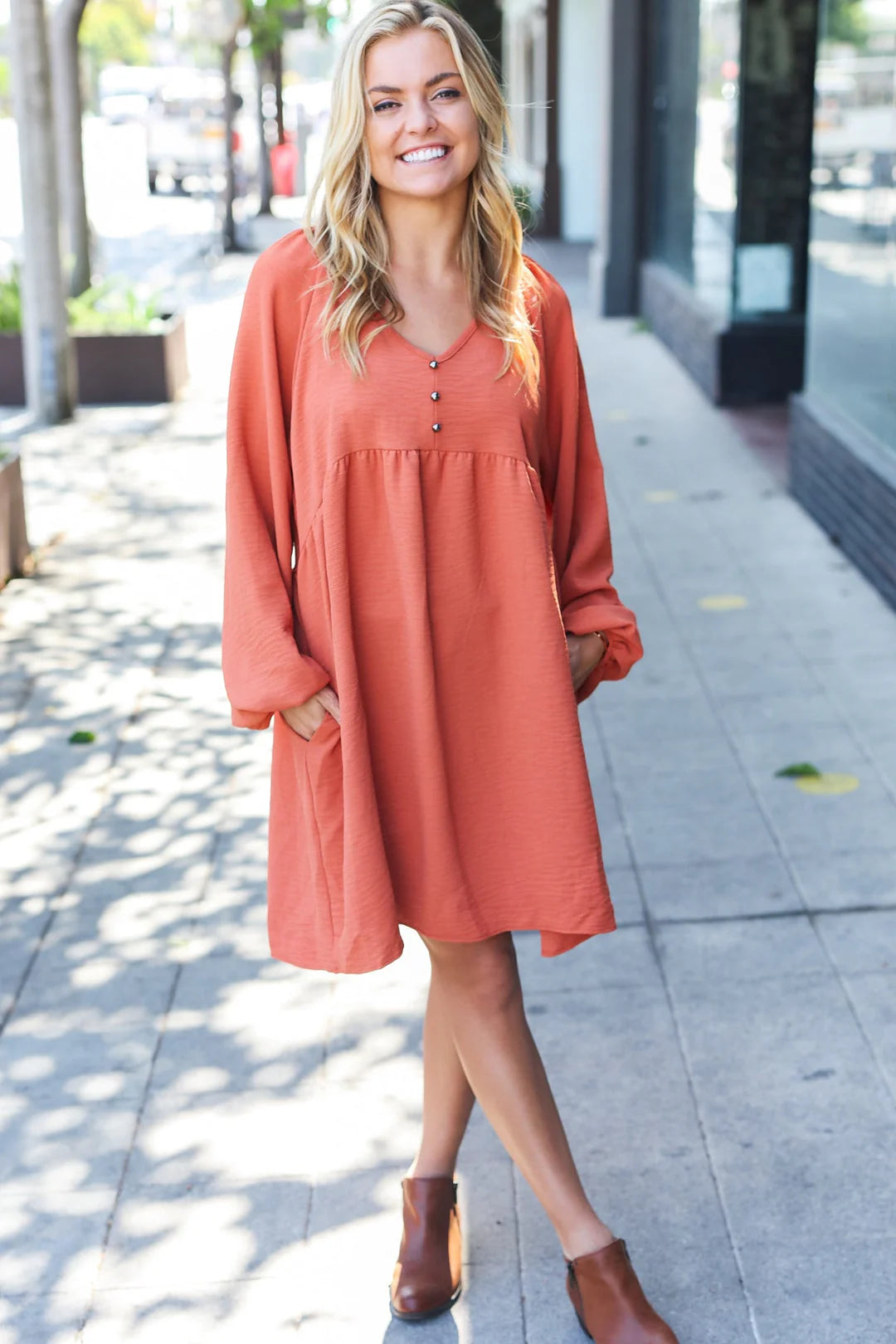 Woven Waffle V Neck Babydoll Dress