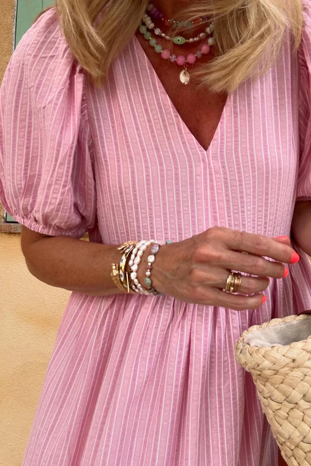 PINK STRIPPED PUFF SLEEVE MAXI
