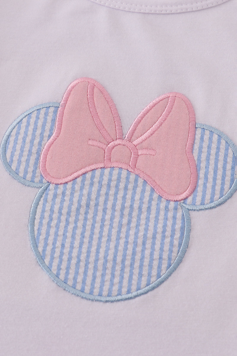 BLUE MOUSE APPLIQUE BOW RUFFLE SHORTS SET