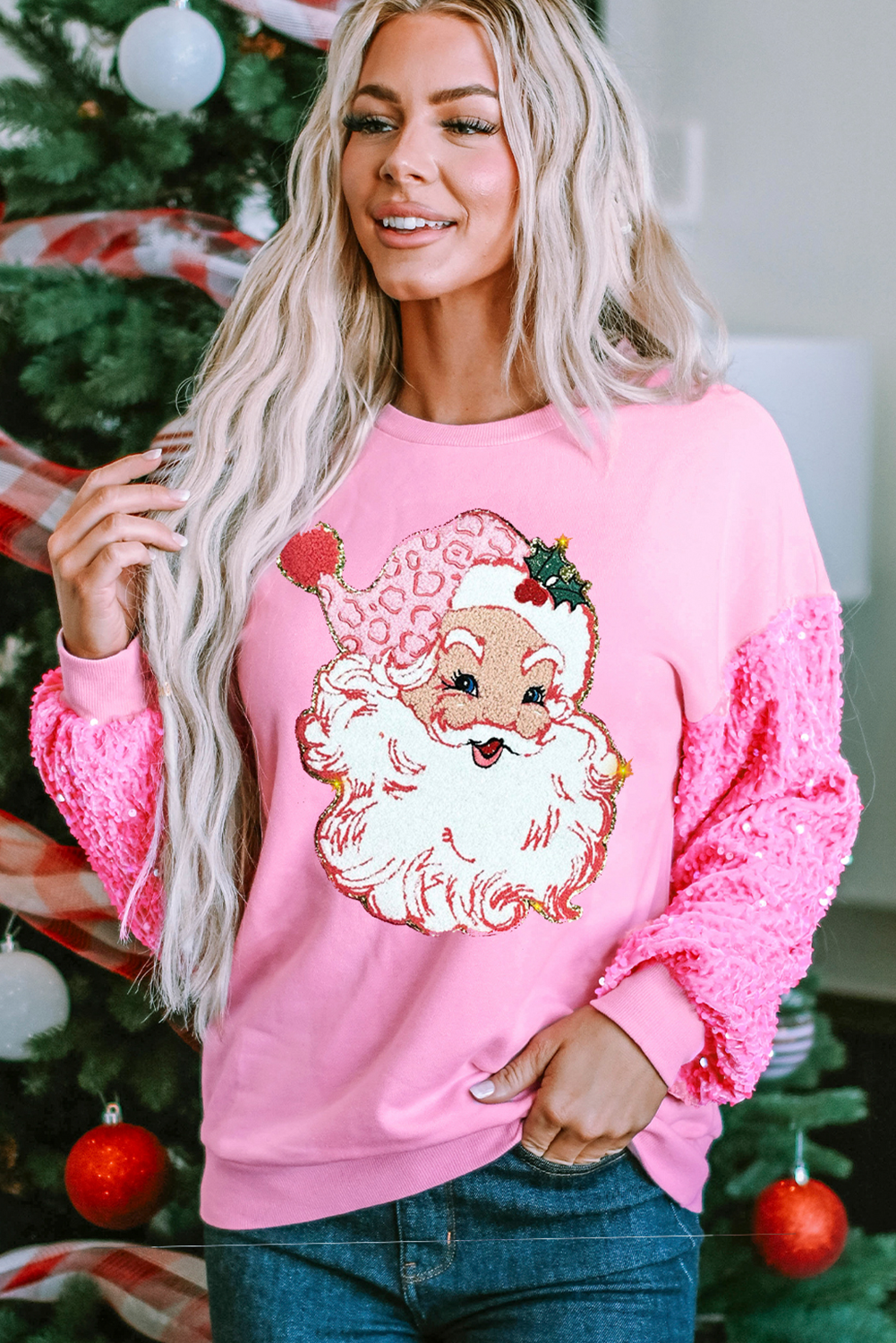 Santa Christmas Graphic Sequin Sleeve Top