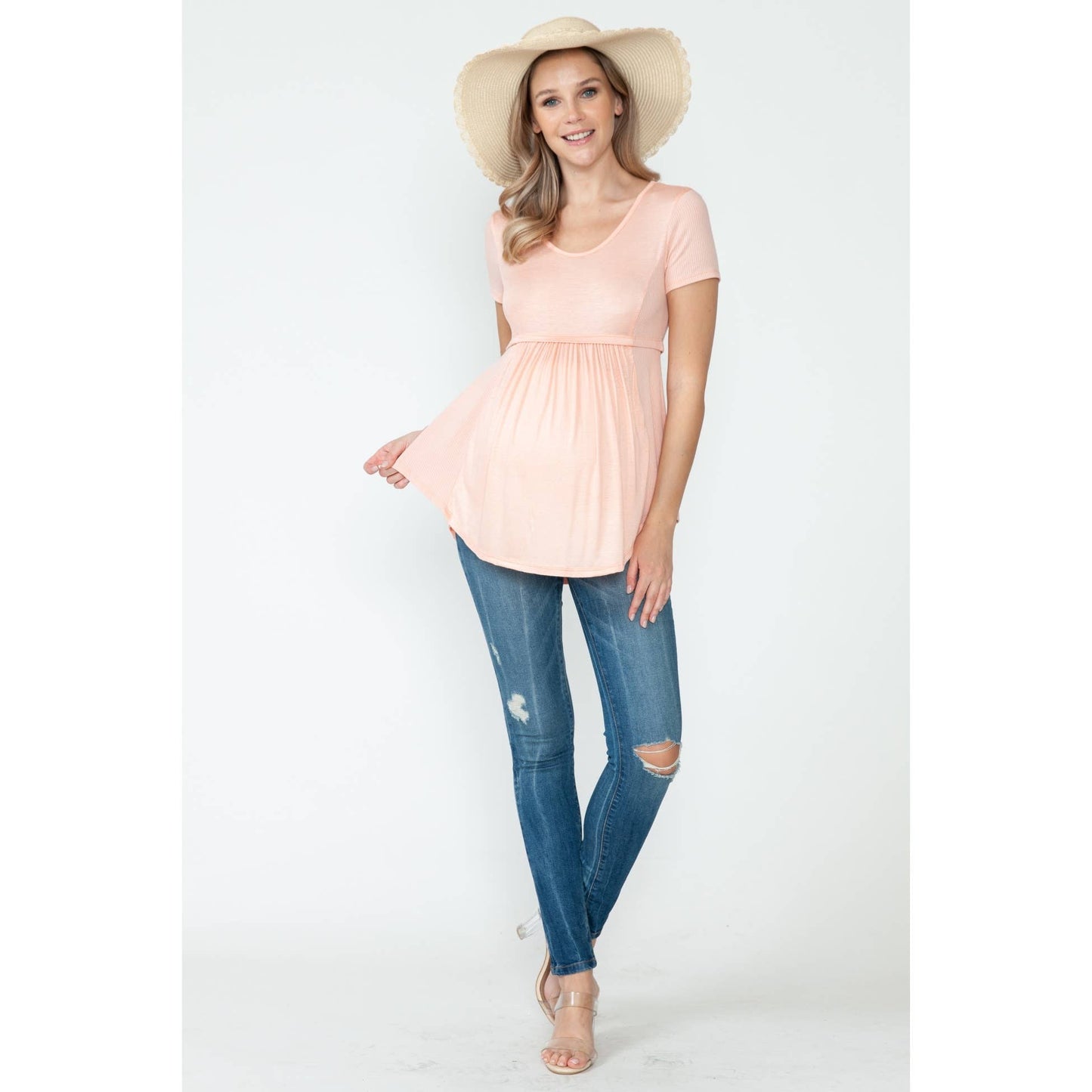 Maternity Shirring Ruched Round Hem Basic Solid Side Rib Top