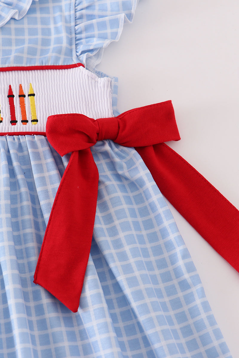 BLUE APPLE BUS EMBROIDERY SMOCKED