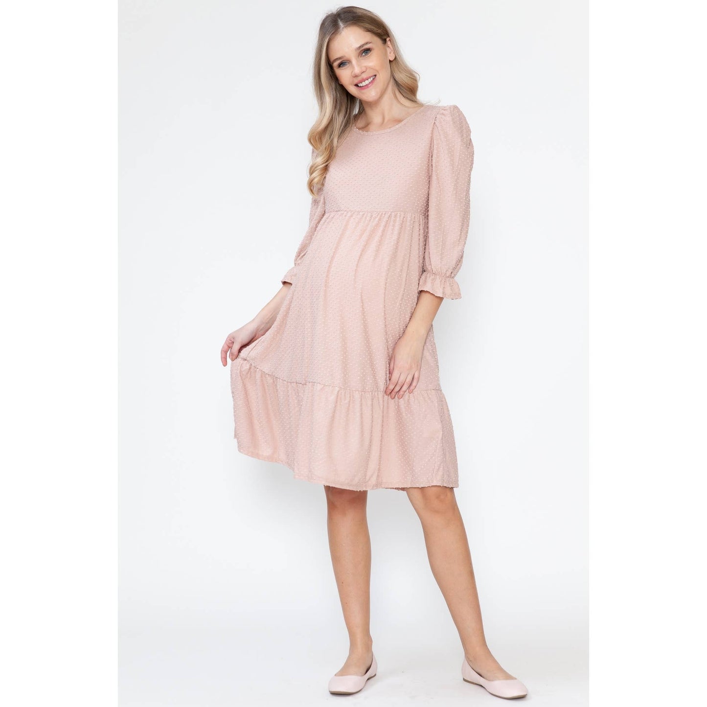 Maternity Swiss Dot Tiered Ruffle Balloon Sleeve Midi Dress