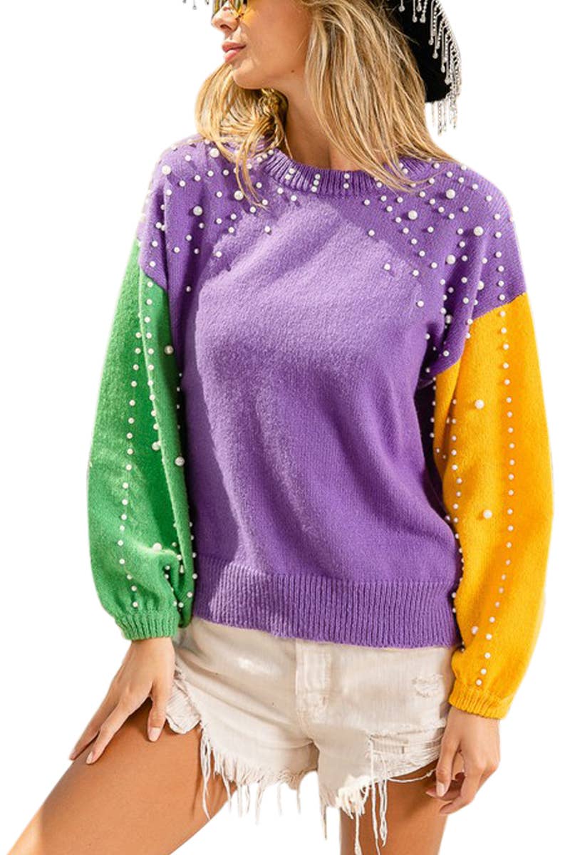 Mardi Gras Color Block Pearl Beaded Sweater Top