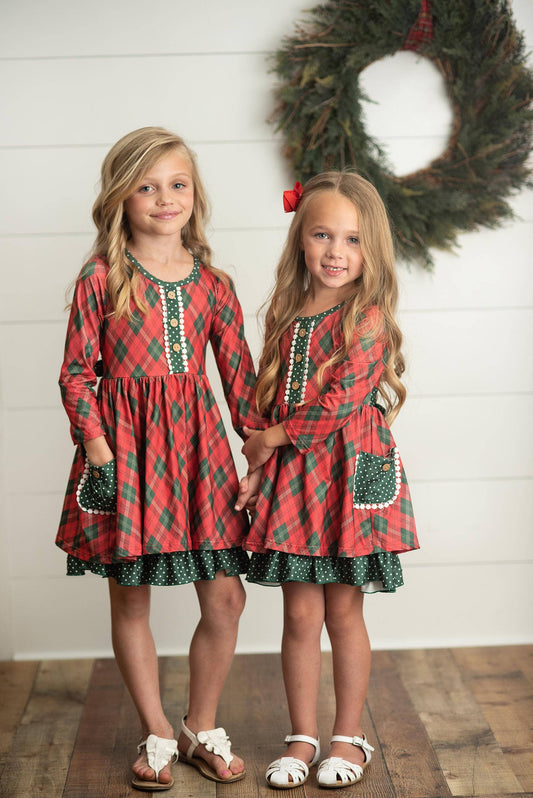 Kids Red Green Plaid Ruffle Button Holiday Christmas Dress