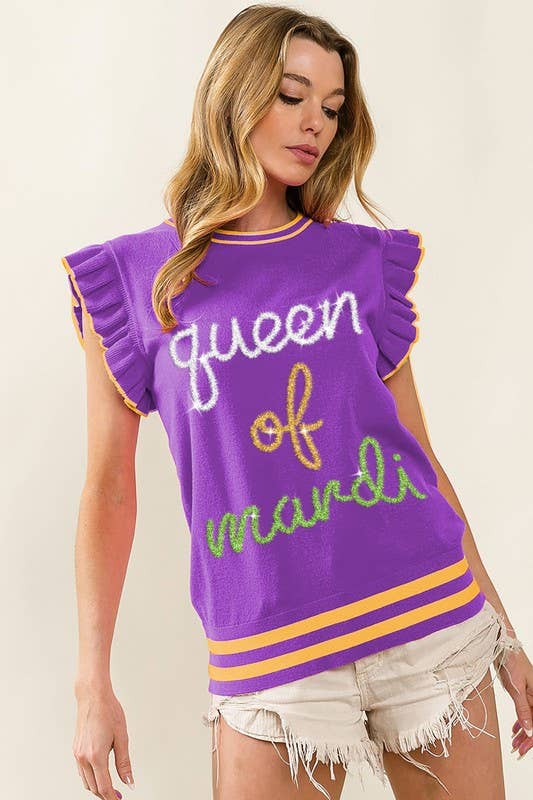 Queen Of Mardi Ruffled Armhole Sleeveless Knit Top