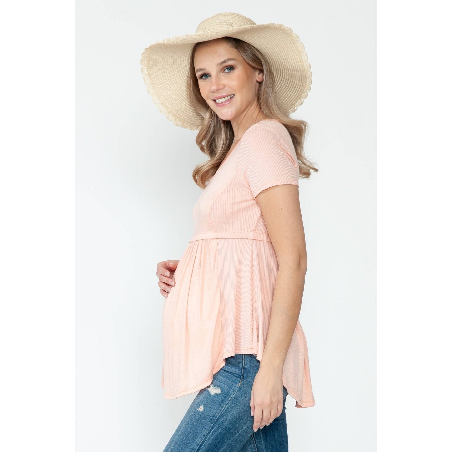 Maternity Shirring Ruched Round Hem Basic Solid Side Rib Top