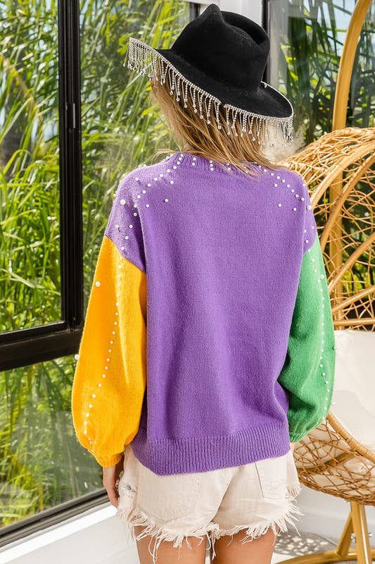 Mardi Gras Color Block Pearl Beaded Sweater Top