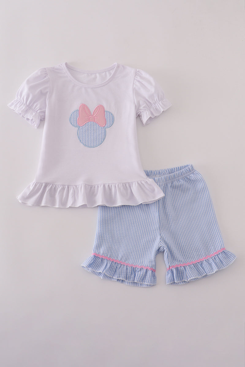 BLUE MOUSE APPLIQUE BOW RUFFLE SHORTS SET