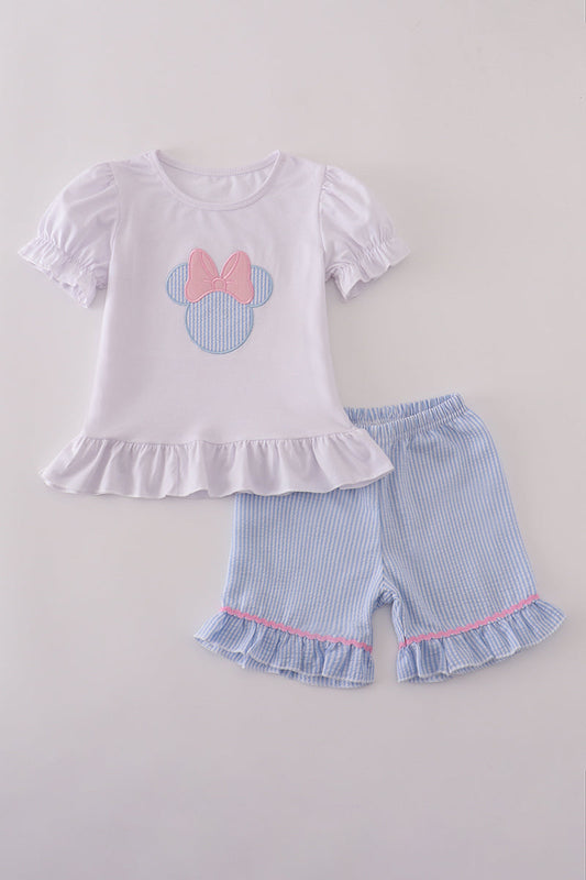 BLUE MOUSE APPLIQUE BOW RUFFLE SHORTS SET