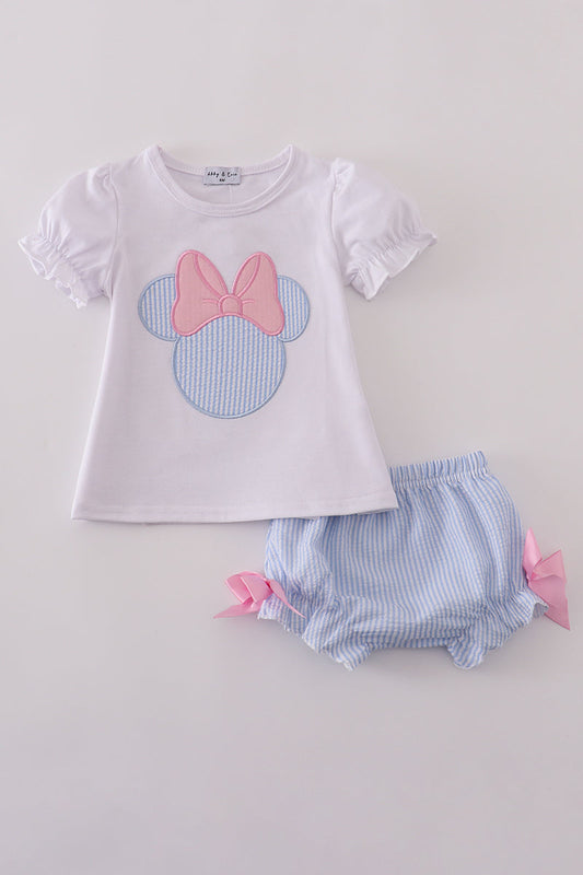 BLUE MOUSE APPLIQUE BOW BLOOMER SET