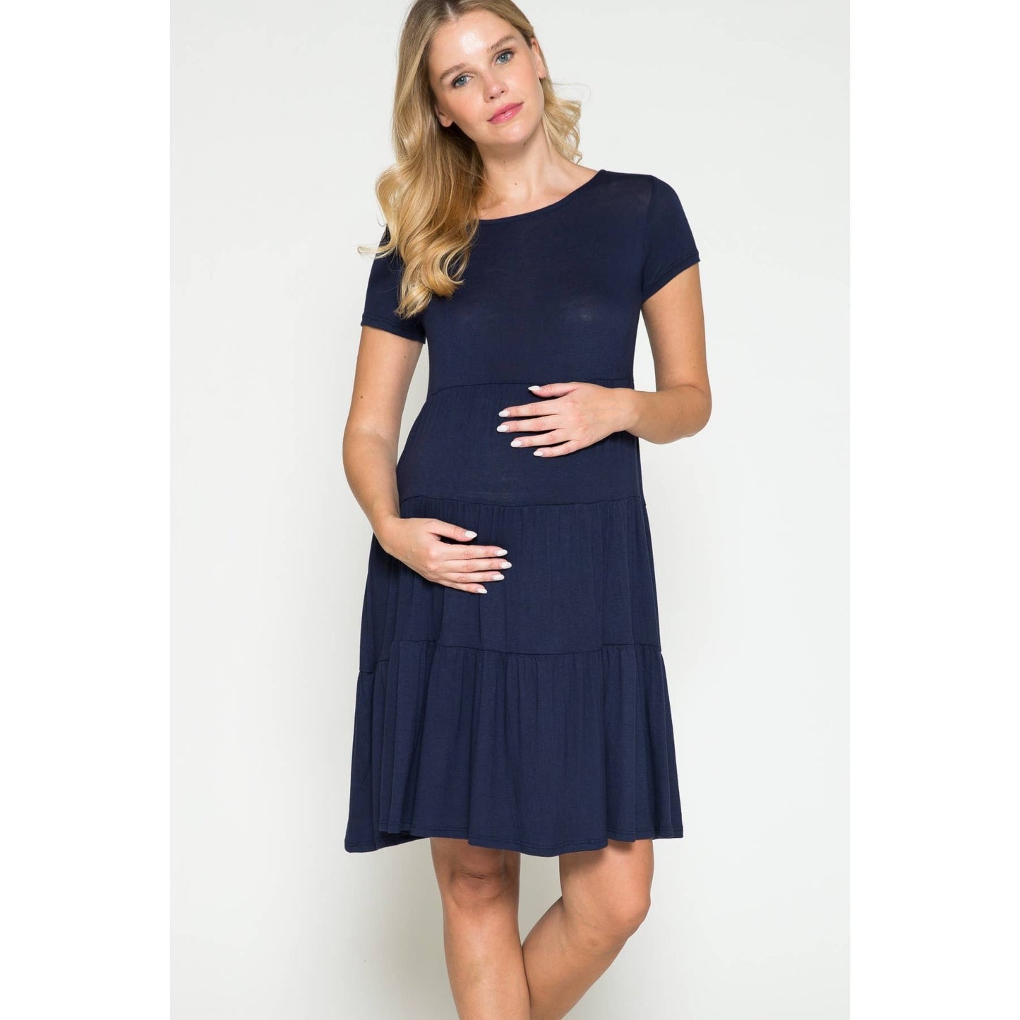 Maternity Tiered Shirring Solid Basic Ruffle Midi Dress