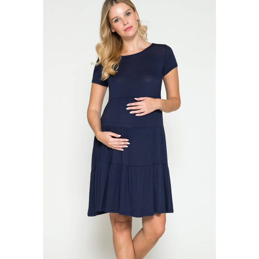 Maternity Tiered Shirring Solid Basic Ruffle Midi Dress