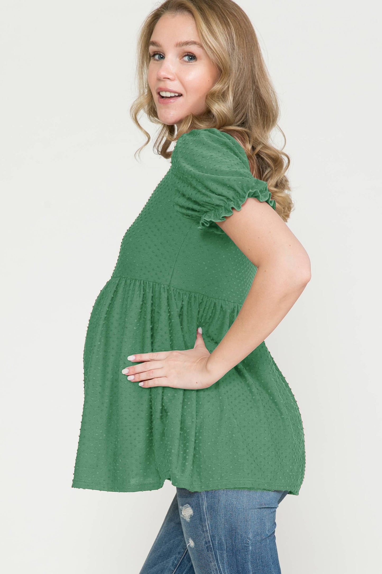 Maternity Puff Sleeve Babydoll Clip Dot Tiered Ruched Top