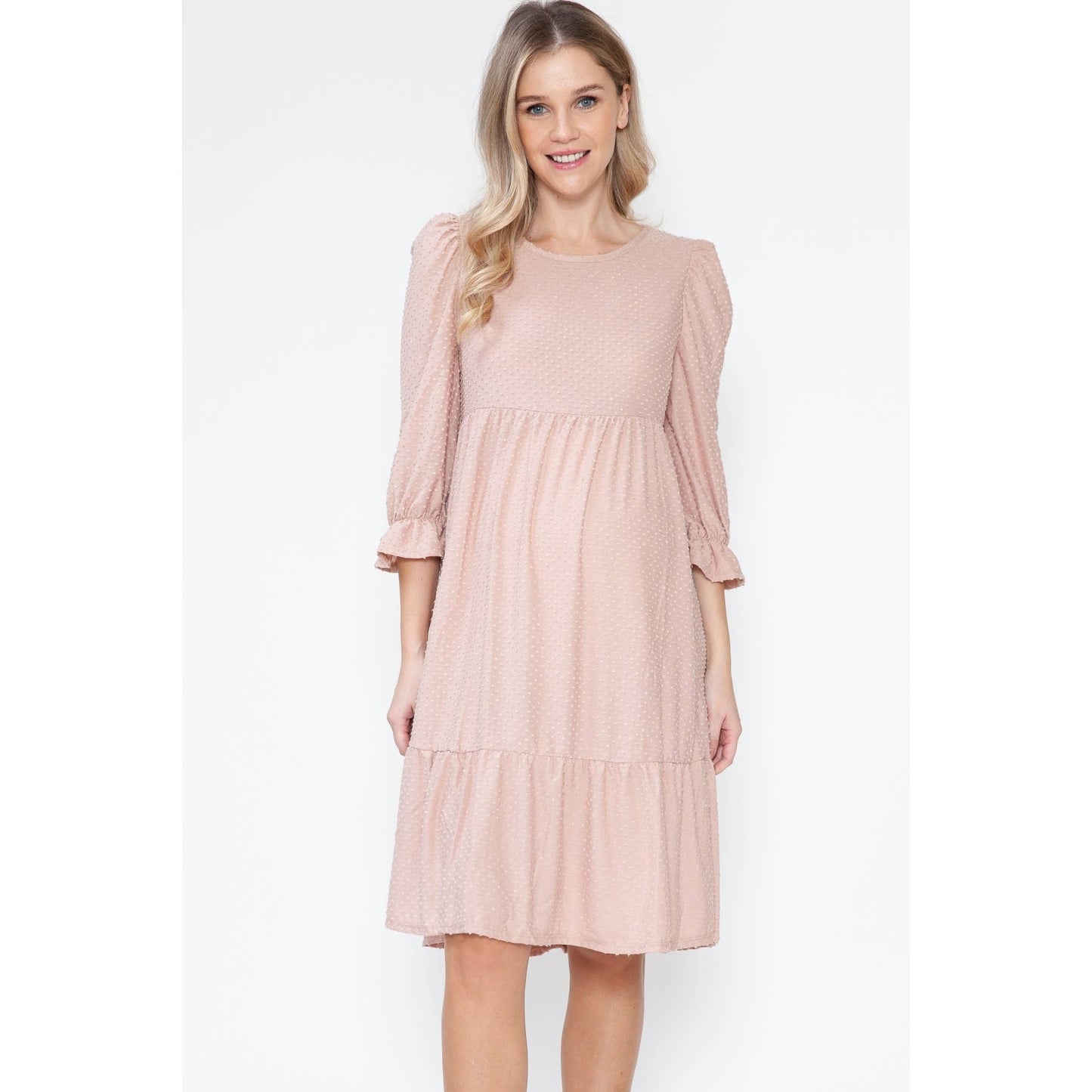 Maternity Swiss Dot Tiered Ruffle Balloon Sleeve Midi Dress