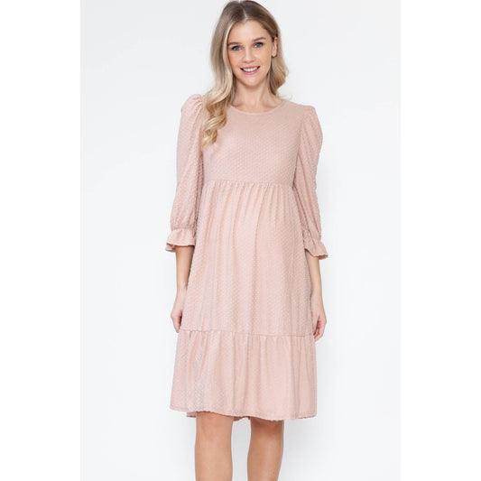 Maternity Swiss Dot Tiered Ruffle Balloon Sleeve Midi Dress