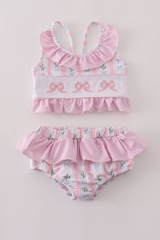 PINK BOW EMBROIDERY 2PC SWIMSUIT UPF50+