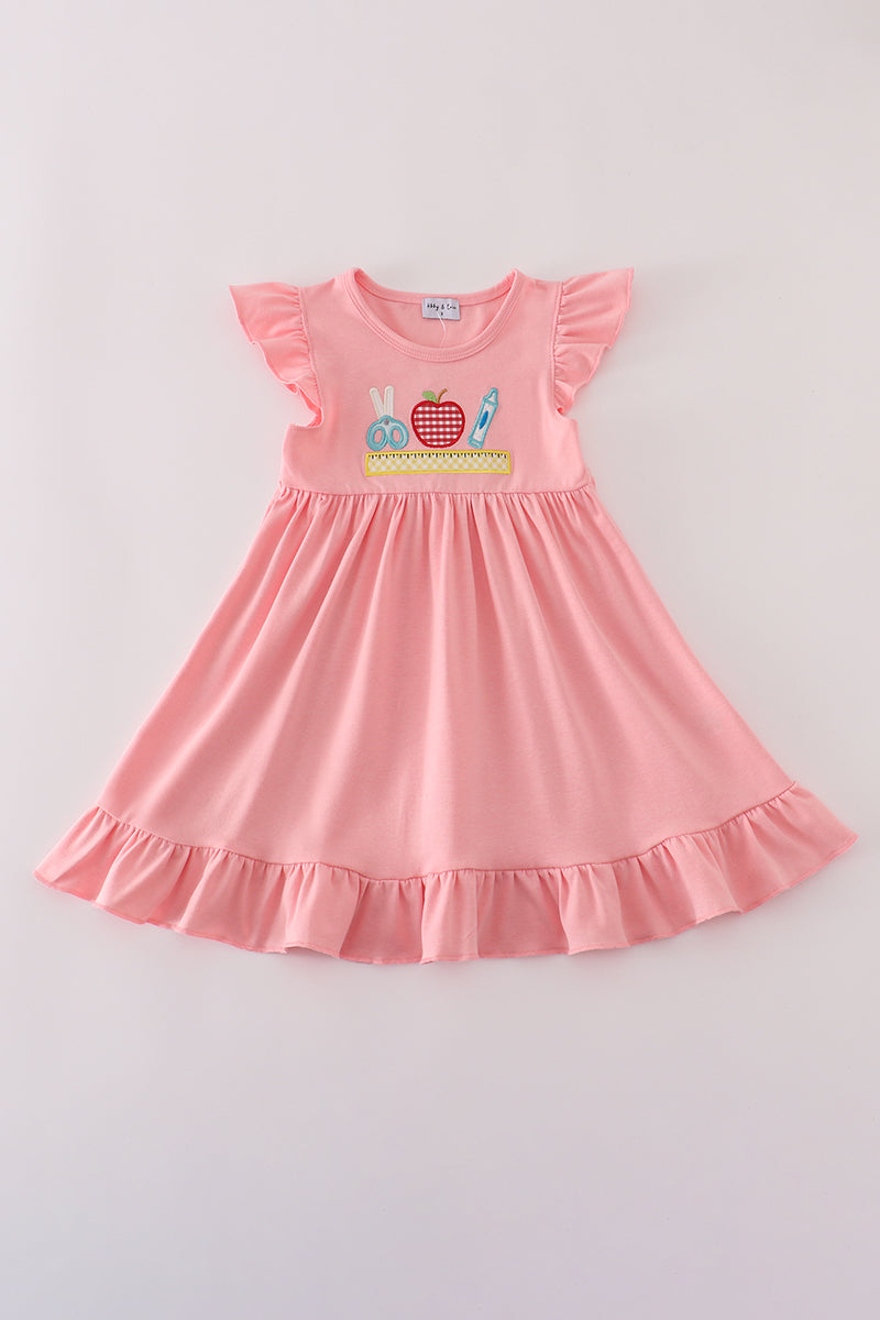 PINK APPLE PENCIL APPLIQUE RUFFLE DRESS