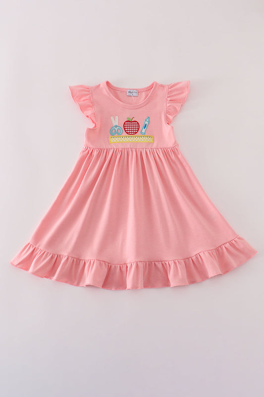 PINK APPLE PENCIL APPLIQUE RUFFLE DRESS