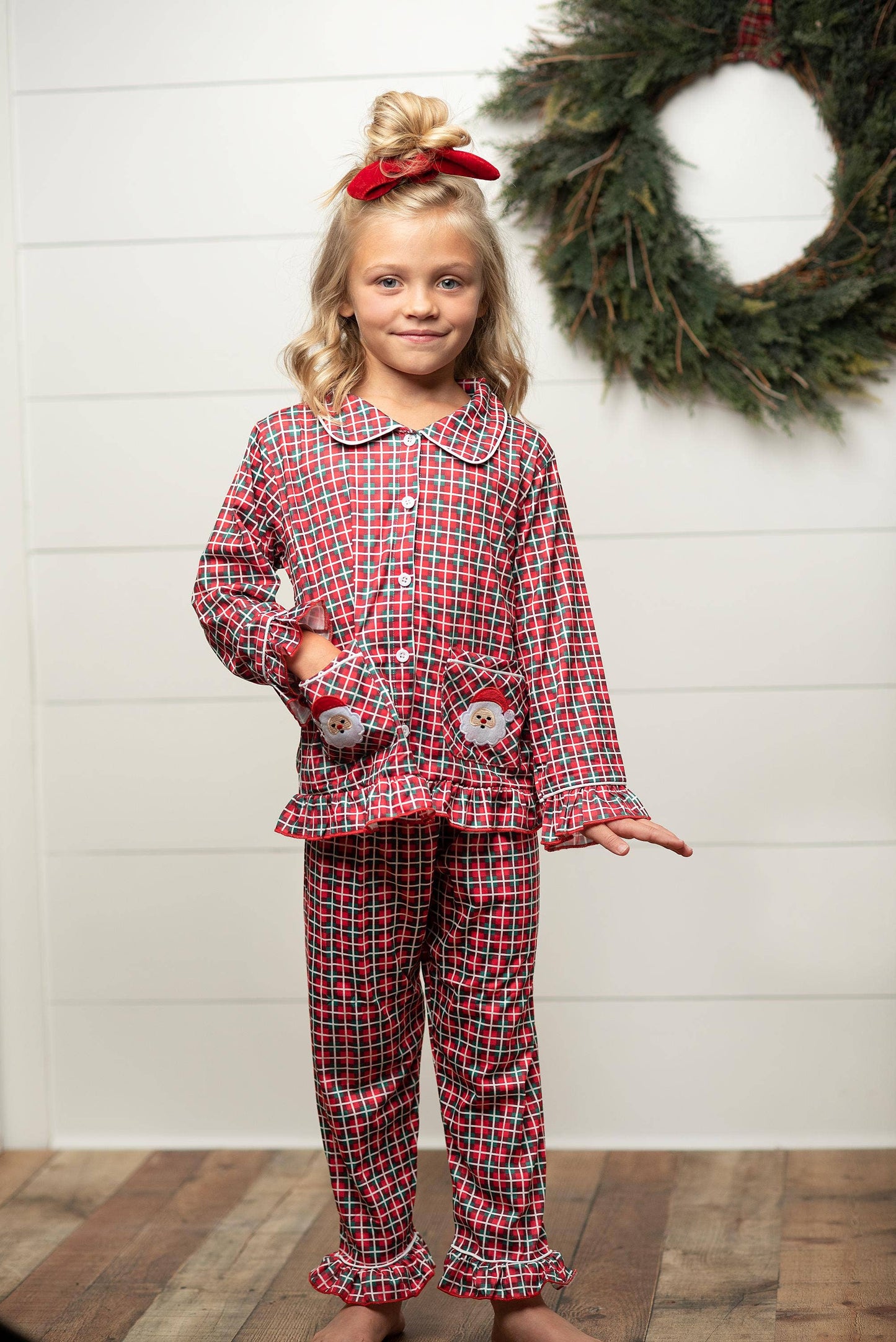 Santa Plaid Pocket Button Christmas Lounge Set