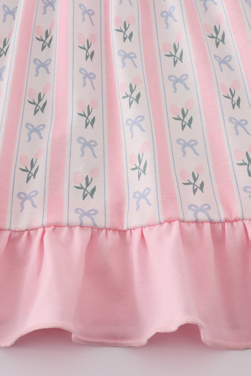 PINK BOW EMBROIDERY RUFFLE DRESS