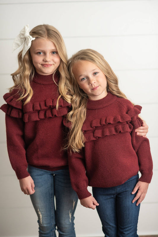 Kids Wine Double Ruffle Crew Neck Fall Winter Sweater