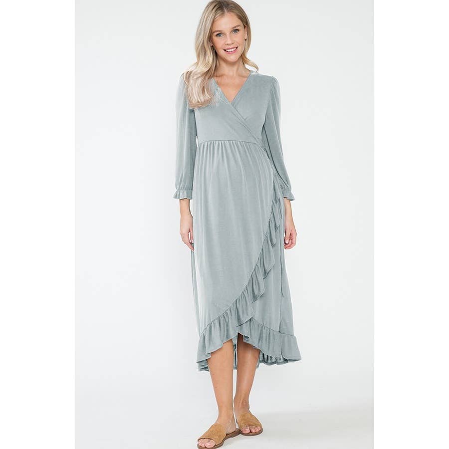 Maternity Front Overlap Waist Ruched Frill Detail Maxi Dress