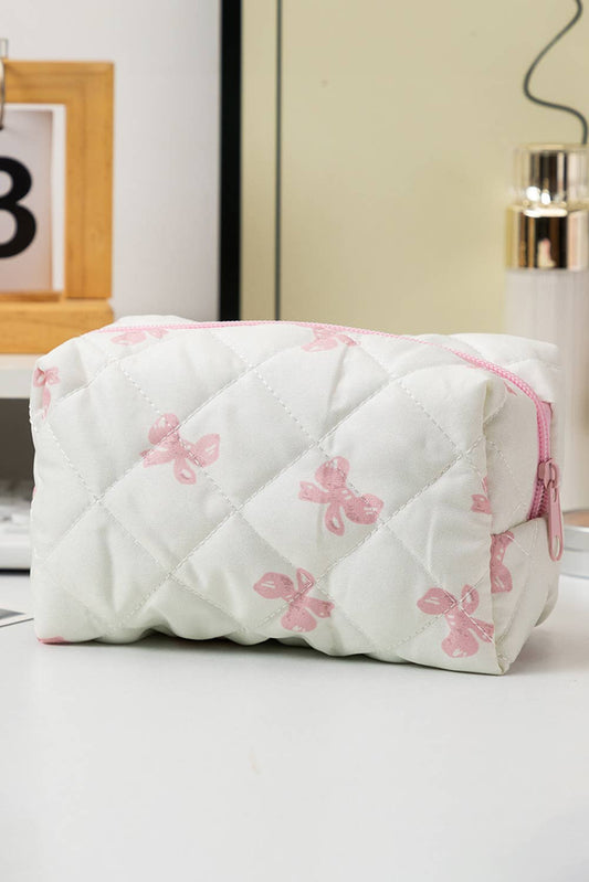 Bow Knot Print Quilted Zipper Cosmetic Bag