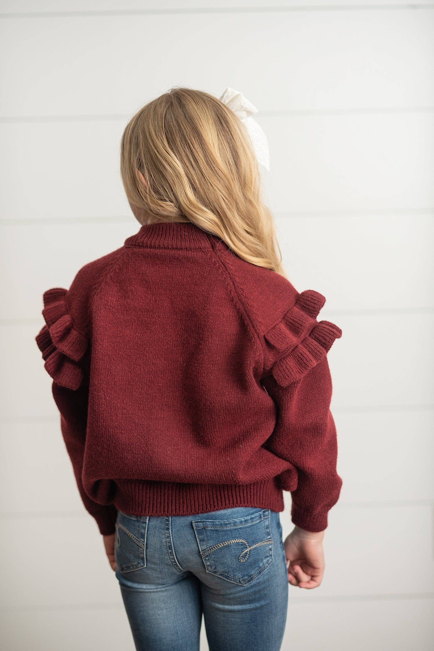 Kids Wine Double Ruffle Crew Neck Fall Winter Sweater