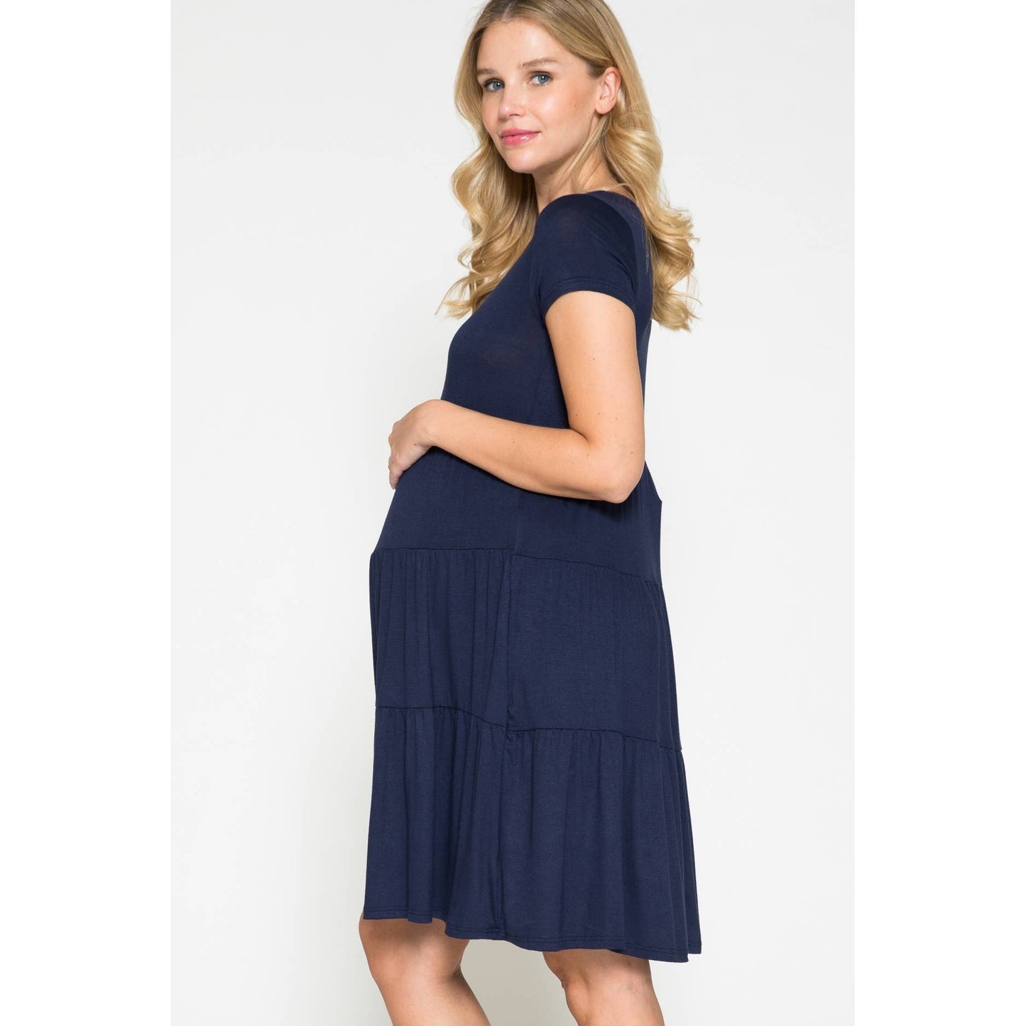 Maternity Tiered Shirring Solid Basic Ruffle Midi Dress