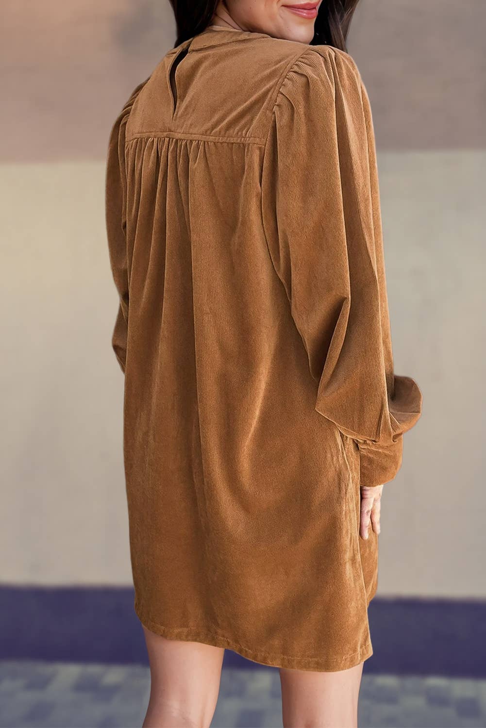 Corduroy Pleated Puff Sleeve Shift Dress