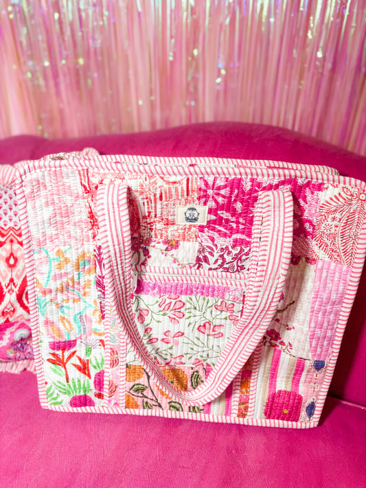 Pink City | Large Quilted Zipper Tote Bag 