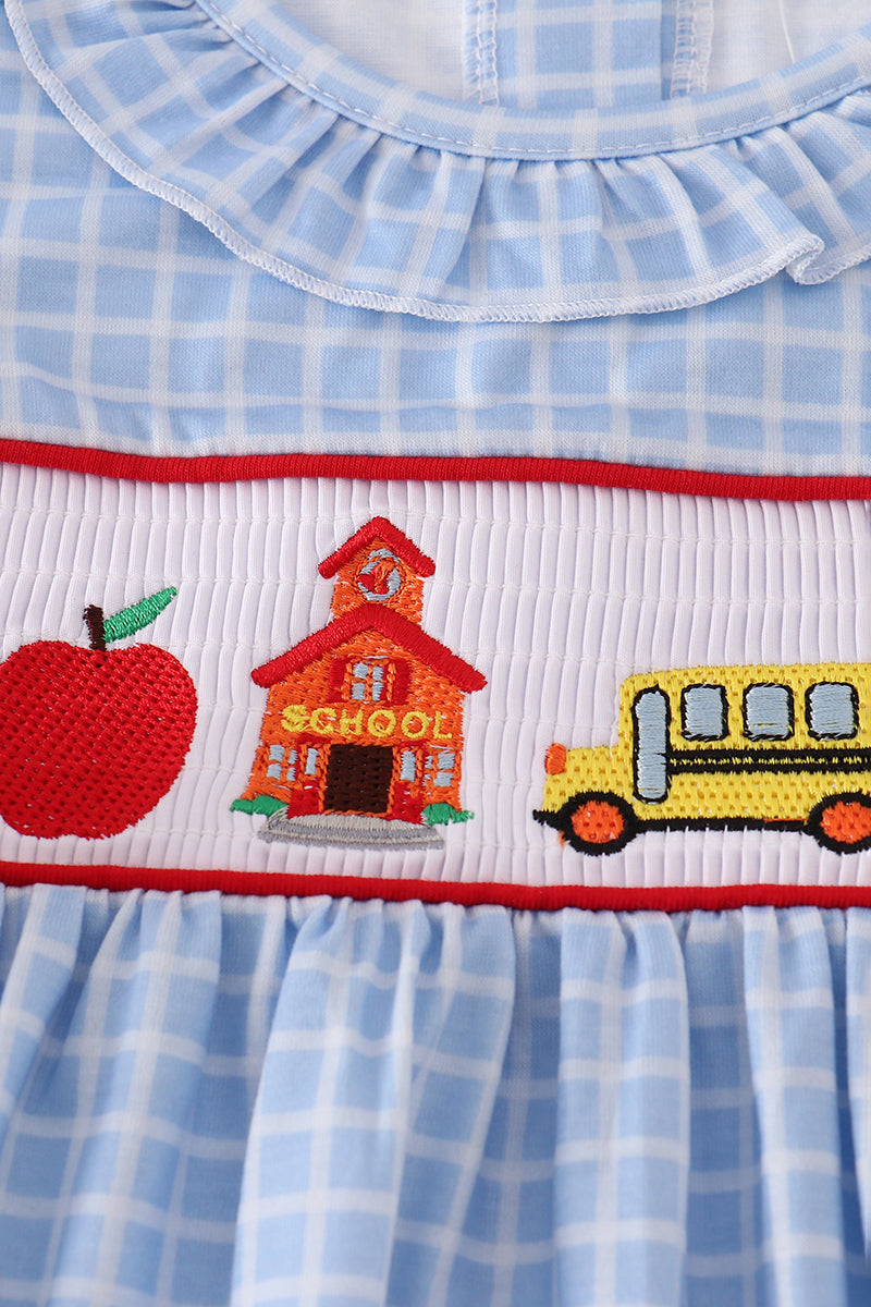 BLUE APPLE BUS EMBROIDERY SMOCKED