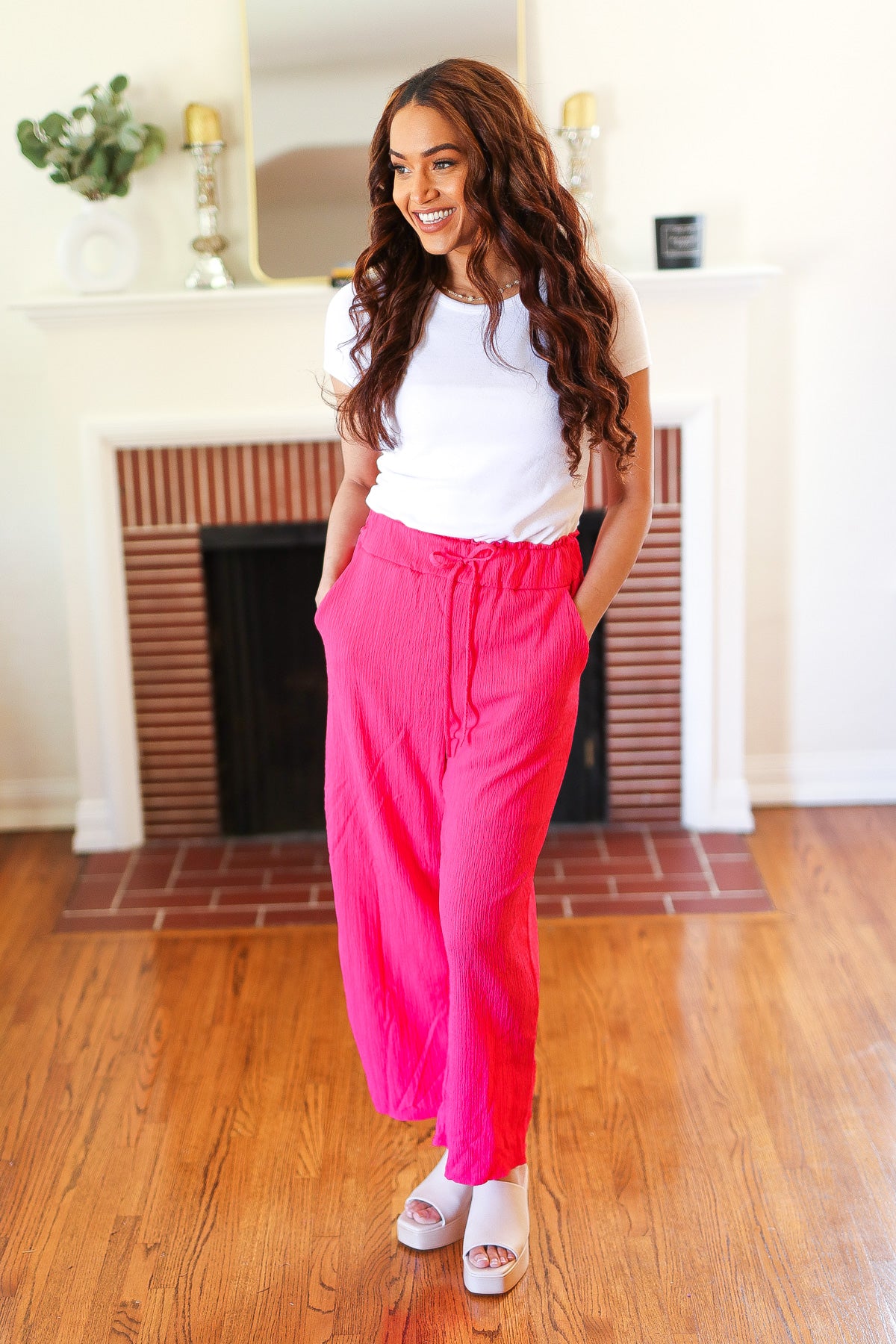 HOT PINK CRINKLE CINCH WAIST BOTTOMS