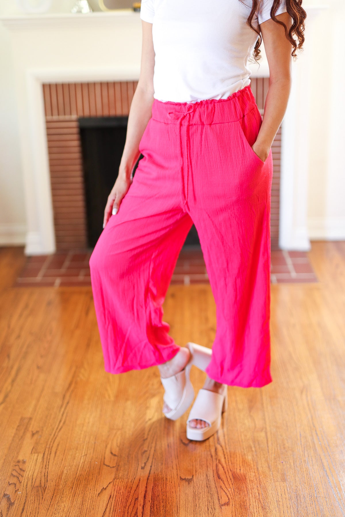 HOT PINK CRINKLE CINCH WAIST BOTTOMS