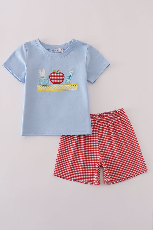 BLUE APPLE PENCIL APPLIQUÉ SHORTS SET
