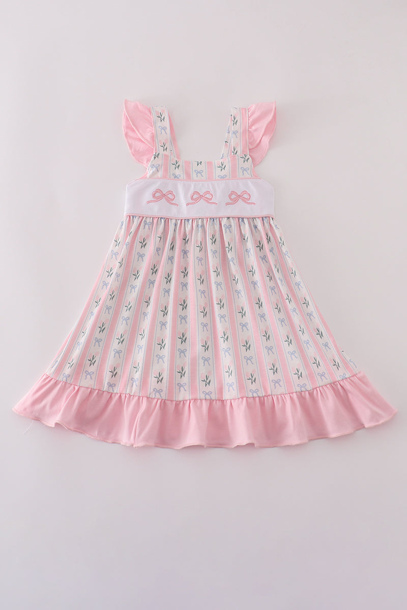 PINK BOW EMBROIDERY RUFFLE DRESS