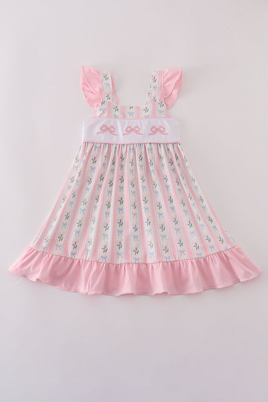 PINK BOW EMBROIDERY RUFFLE DRESS