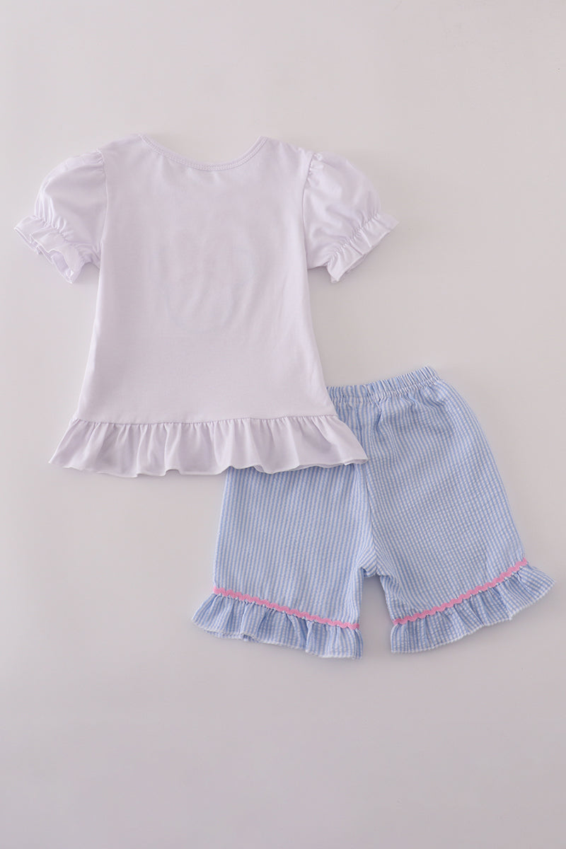 BLUE MOUSE APPLIQUE BOW RUFFLE SHORTS SET