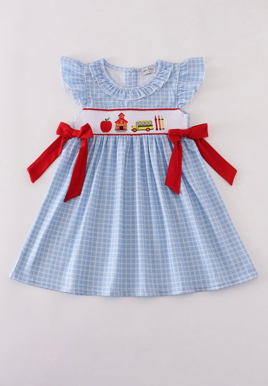 BLUE APPLE BUS EMBROIDERY SMOCKED