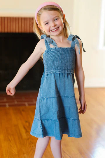 KIDS DENIM RUCHED TIE STRAP TIERED DRESS