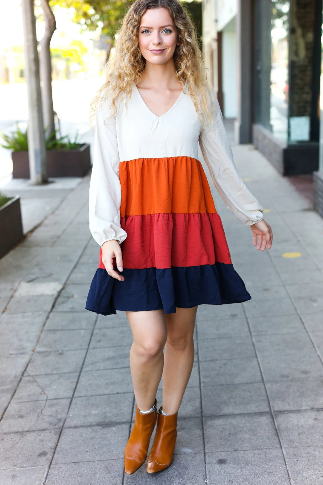 Fall Multicolor Tiered Babydoll Dress