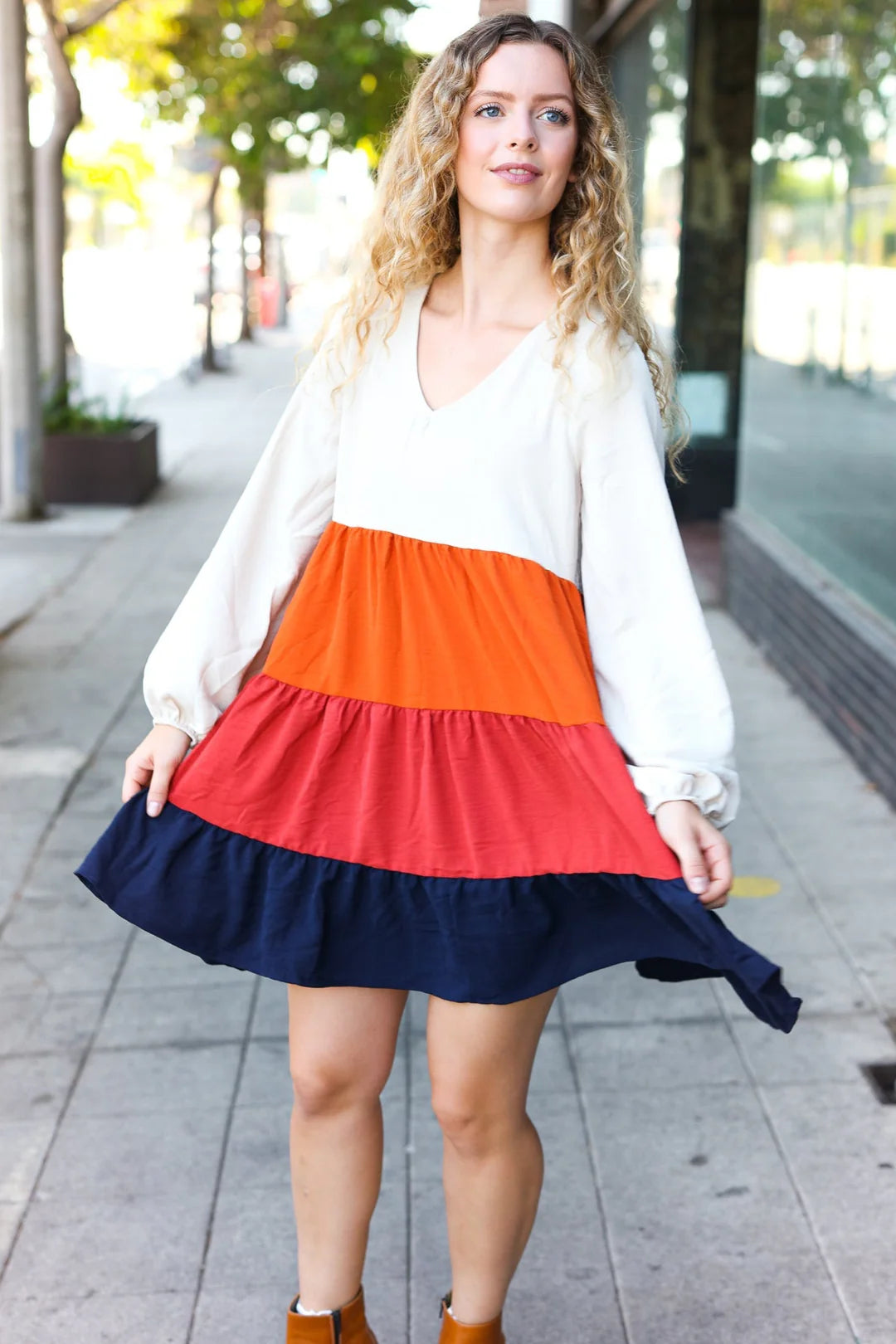 Fall Multicolor Tiered Babydoll Dress