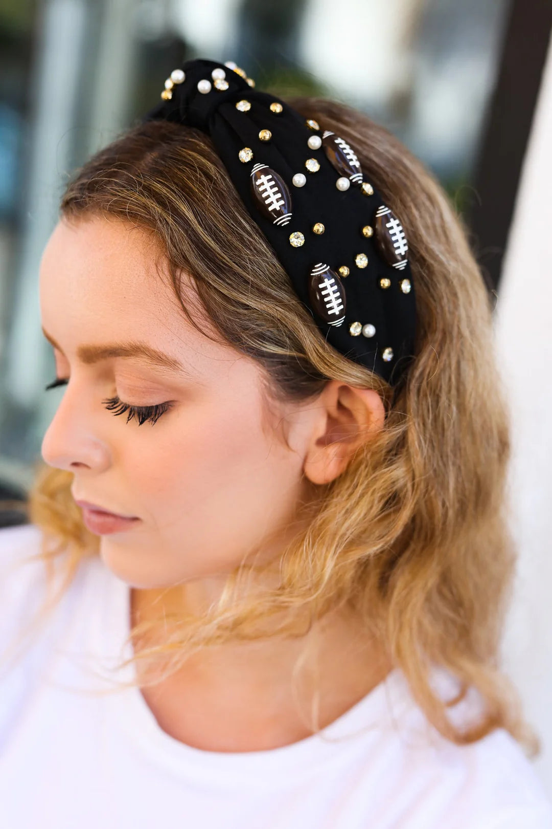 Football & Stone Embellished Top Knot Headband