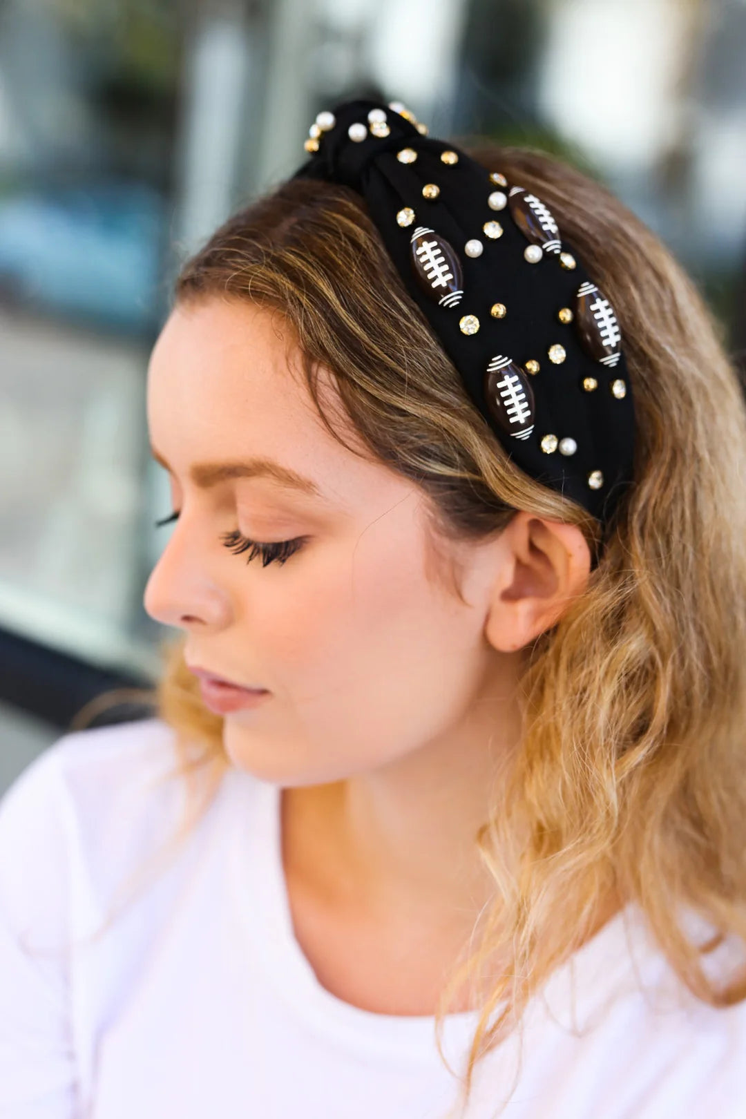 Football & Stone Embellished Top Knot Headband