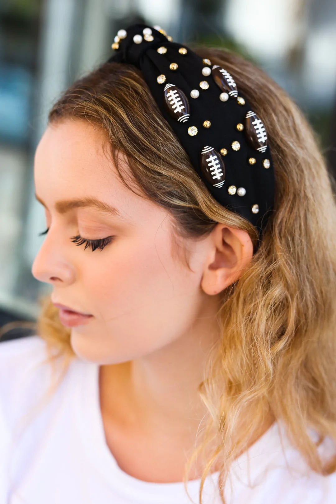 Football & Stone Embellished Top Knot Headband